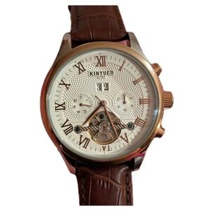 KINYUED Skeleton Automatic Watch Gold Tone Case Brown Genuine Leather